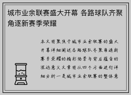 城市业余联赛盛大开幕 各路球队齐聚角逐新赛季荣耀