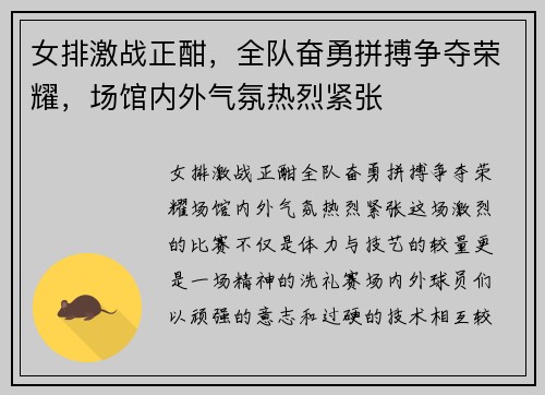 女排激战正酣，全队奋勇拼搏争夺荣耀，场馆内外气氛热烈紧张