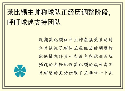 莱比锡主帅称球队正经历调整阶段，呼吁球迷支持团队